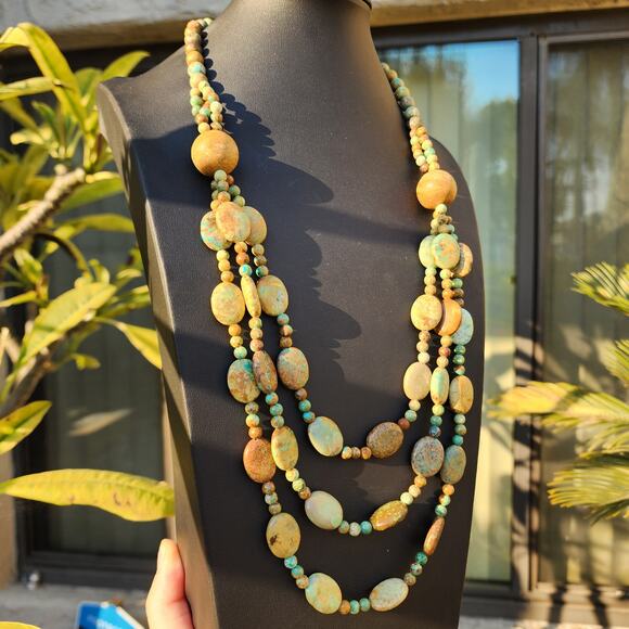 Jay King DTR Mongolian Turquoise Necklace Desert Rose Trading 3 Strand Bead Bib - Picture 3 of 14